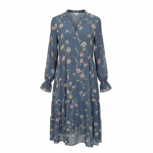 Patrons of Peace Blue Floral Midi Dress Flowy Lightweight Boho Long Sleeve SM